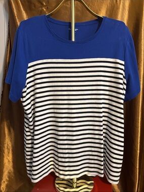 Kim Rogers Royal Blue Yoke with White and Black Striped Short Sleeve Tee